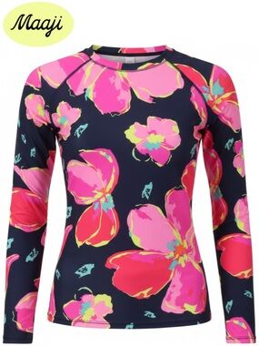NWT Maaji Floral LongSleeve Rash Guard Swim Top MED Bright Floral Print on Black